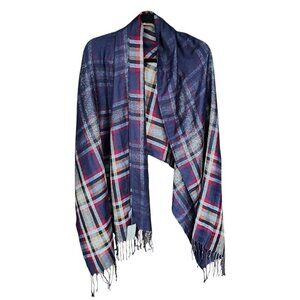 The Paper Store Womens Pashmina Wrap Scarf Shawl Fringed Navy Blue Plaid NWT